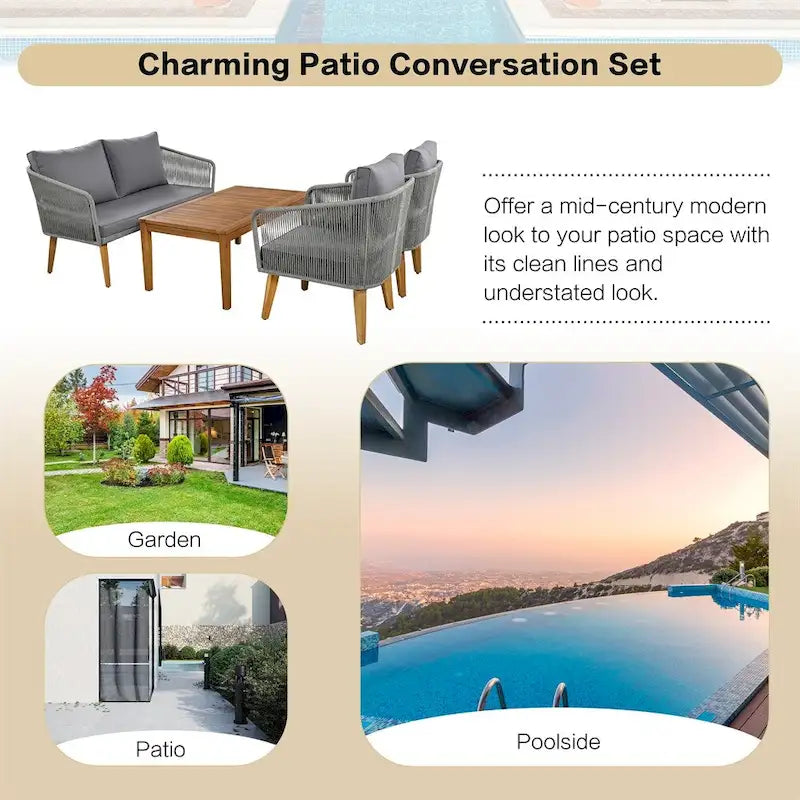 Ensemble de conversation de patio 4 pièces avec coussins et causeuse en bois massif