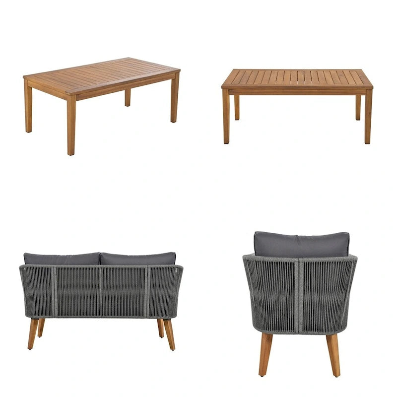 Ensemble de conversation de patio 4 pièces avec coussins et causeuse en bois massif