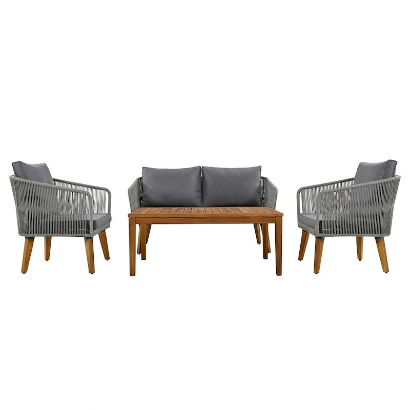 Ensemble de conversation de patio 4 pièces avec coussins et causeuse en bois massif