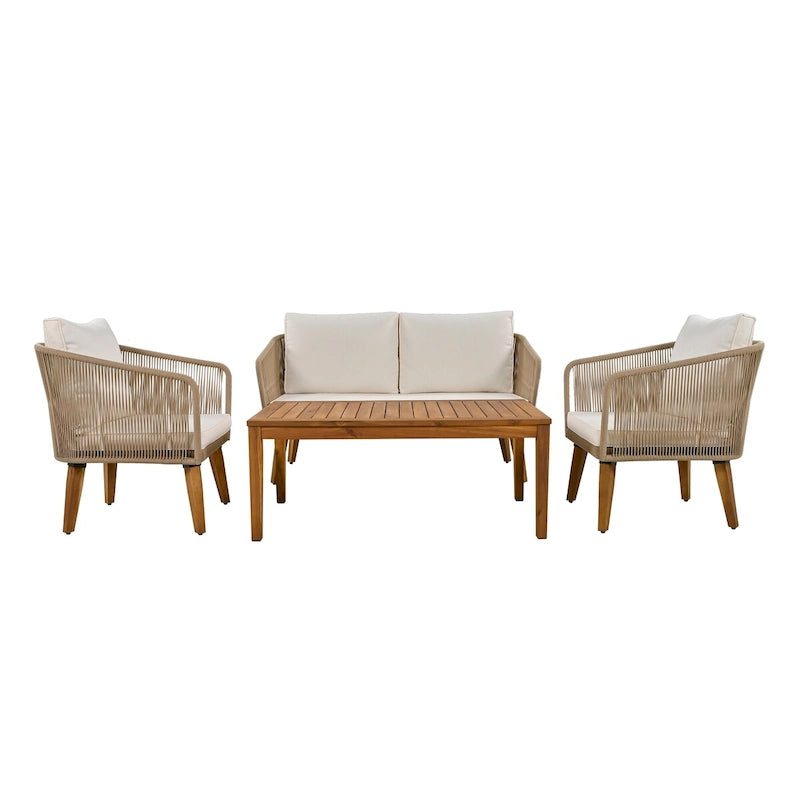 Ensemble de canapé de conversation pour patio extérieur avec table basse en bois massif