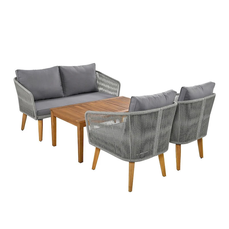 Ensemble de canapé de conversation pour patio extérieur avec table basse en bois massif