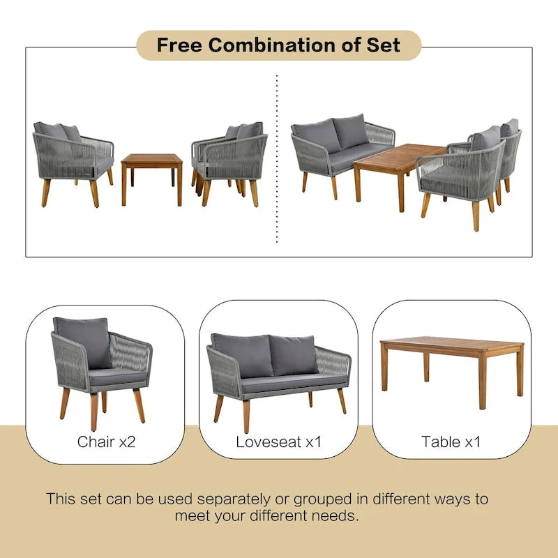 Ensemble de canapé de conversation pour patio extérieur avec table basse en bois massif