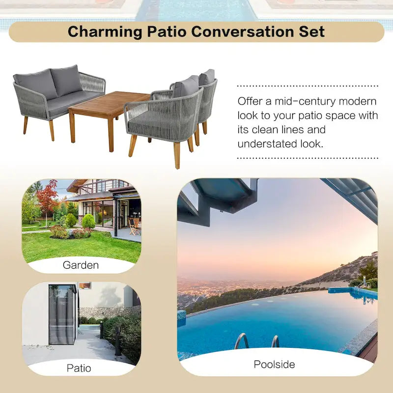 Ensemble de canapé de conversation pour patio extérieur avec table basse en bois massif