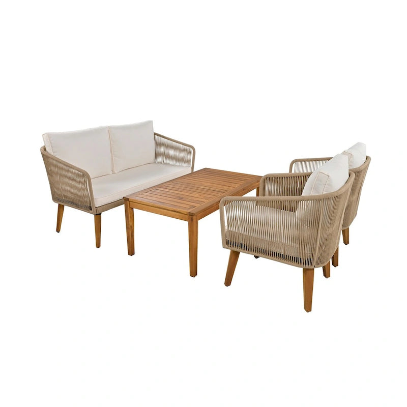 Ensemble de canapé de conversation pour patio extérieur avec table basse en bois massif