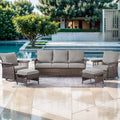 Salons de jardin en rotin synthétique avec poufs et table - Marron
