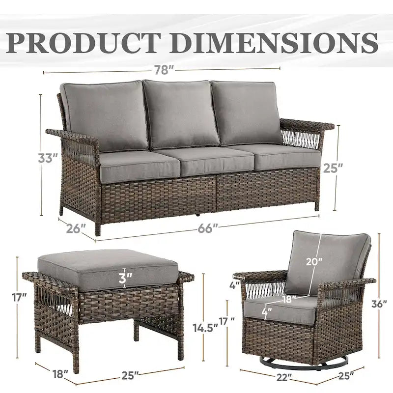 Salons de jardin en rotin synthétique avec poufs et table - Marron