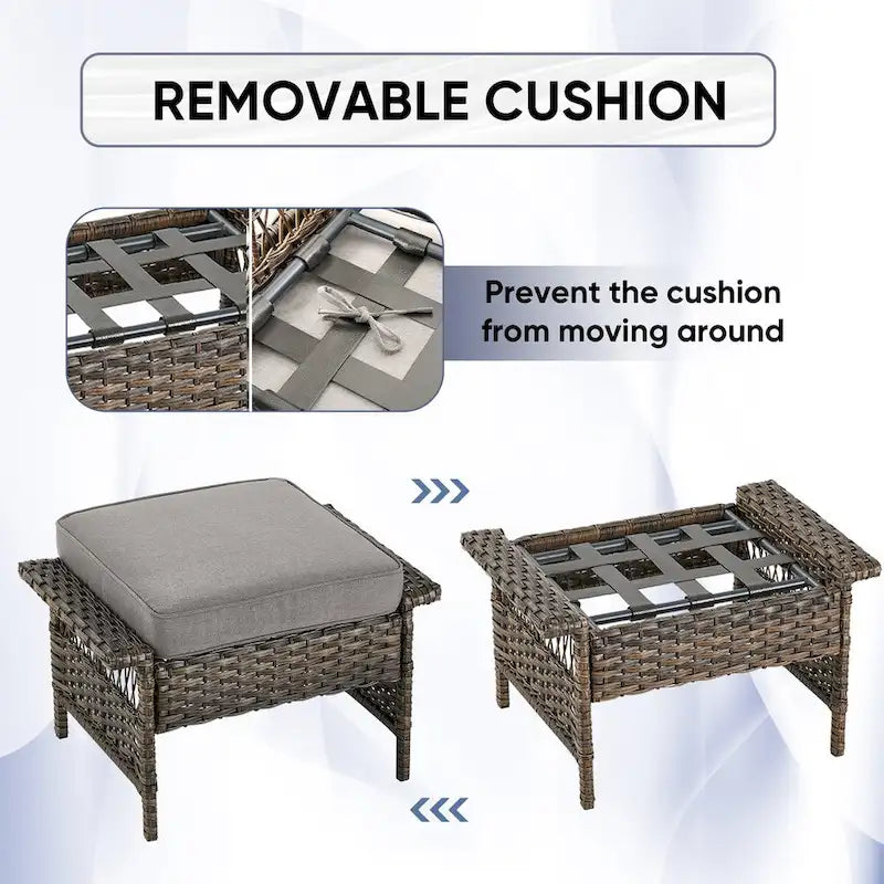 Salons de jardin en rotin synthétique avec poufs et table - Marron