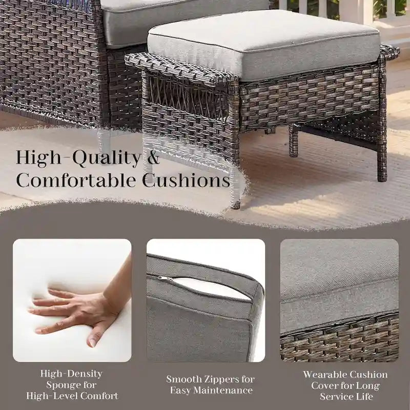 Salons de jardin en rotin synthétique avec poufs et table - Marron