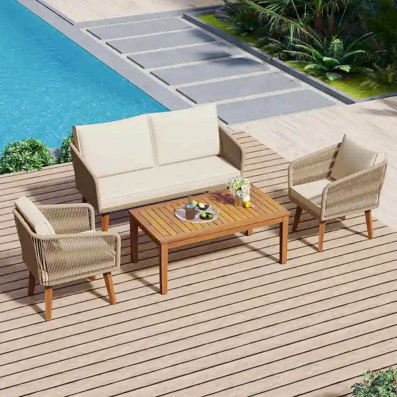 Ensemble de conversation 4 pièces pour patio, causeuse en bois massif, 2 chaises et table, ensemble de conversation d'extérieur avec coussins (corde)