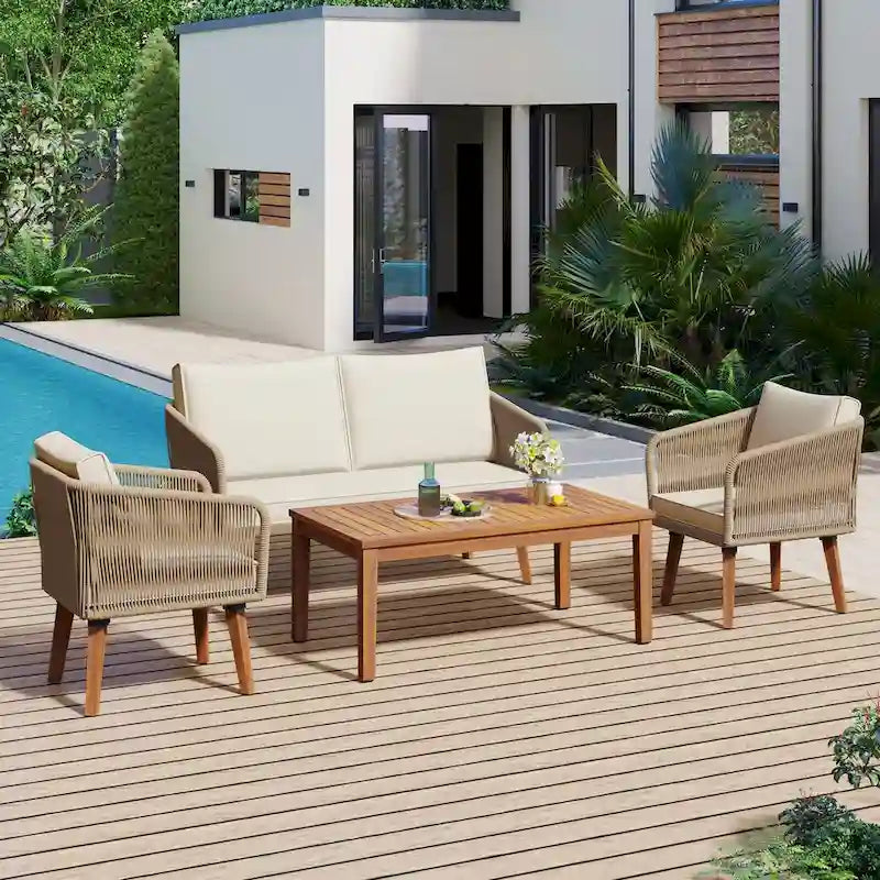 Ensemble de conversation 4 pièces pour patio, causeuse en bois massif, 2 chaises et table, ensemble de conversation d'extérieur avec coussins (corde)