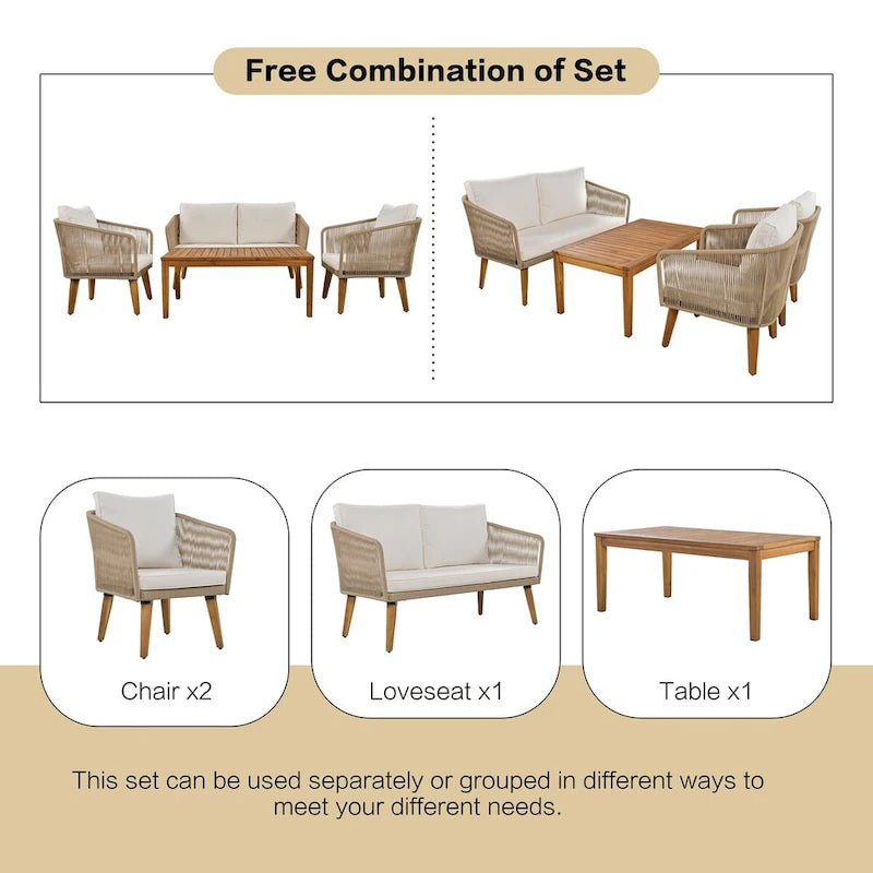 Ensemble de conversation 4 pièces pour patio, causeuse en bois massif, 2 chaises et table, ensemble de conversation d'extérieur avec coussins (corde)