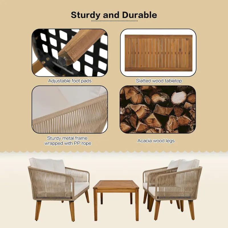 Ensemble de conversation 4 pièces pour patio, causeuse en bois massif, 2 chaises et table, ensemble de conversation d'extérieur avec coussins (corde)