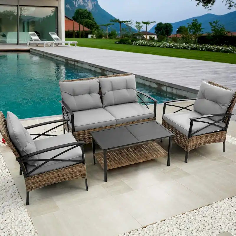 Grey Wicker Patio 4-piece Sectional Dining Conversation Sofa Set