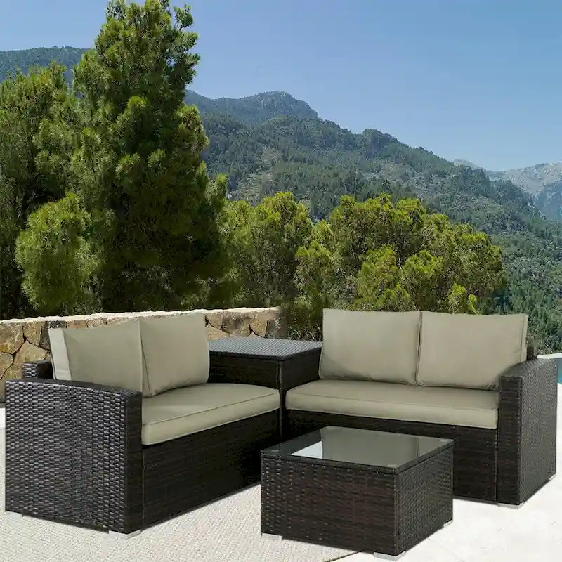 Ensemble de canapé d'extérieur 4 pièces en osier avec table basse et coffre de rangement