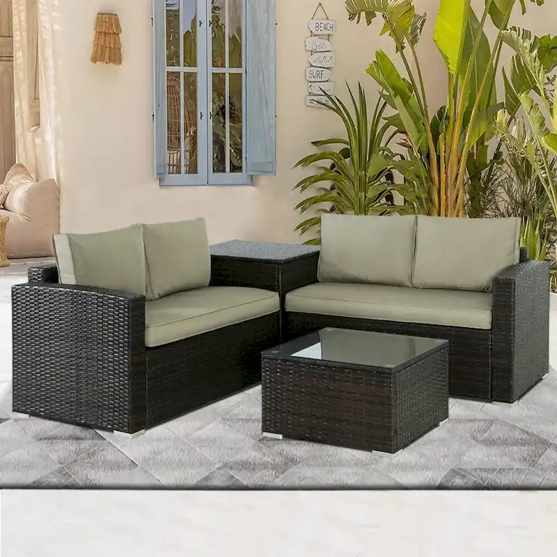 Ensemble de canapé d'extérieur 4 pièces en osier avec table basse et coffre de rangement