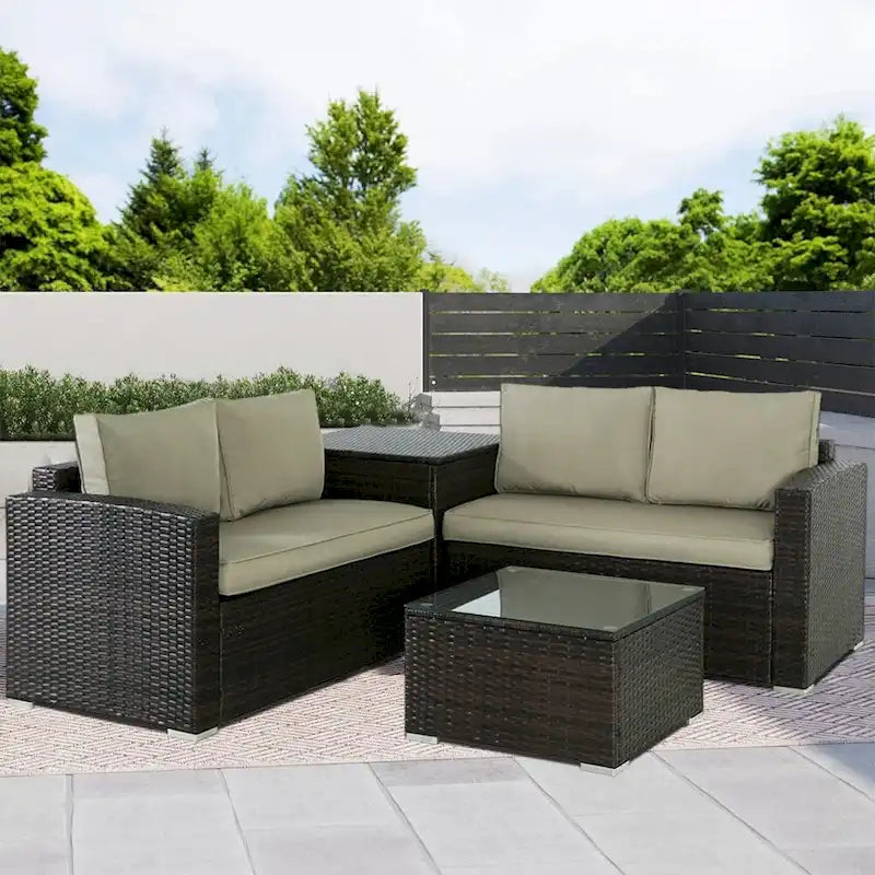 Ensemble de canapé d'extérieur 4 pièces en osier avec table basse et coffre de rangement