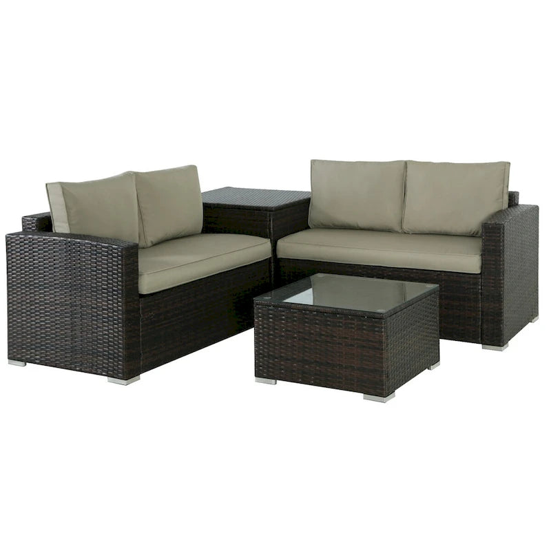 Ensemble de canapé d'extérieur 4 pièces en osier avec table basse et coffre de rangement