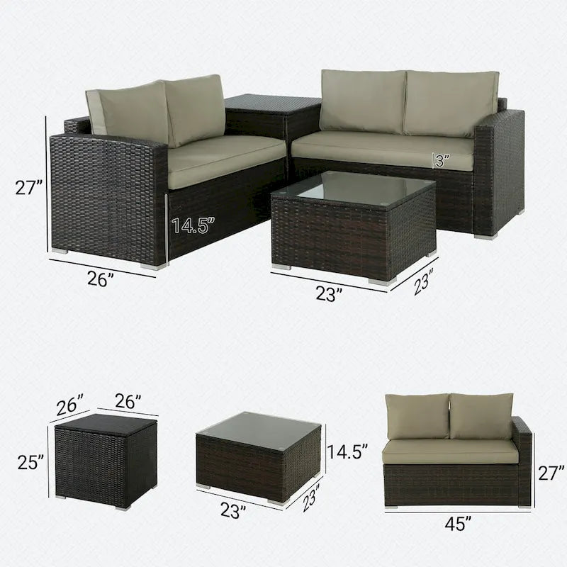 Ensemble de canapé d'extérieur 4 pièces en osier avec table basse et coffre de rangement
