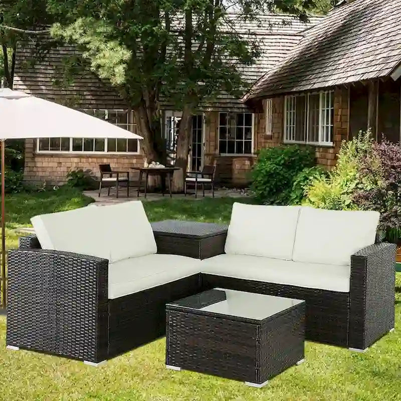 Ensemble de canapé d'extérieur 4 pièces en osier avec table basse et coffre de rangement