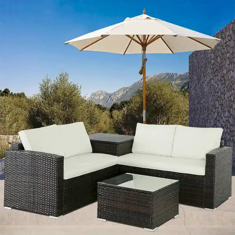 Ensemble de canapé d'extérieur 4 pièces en osier avec table basse et coffre de rangement