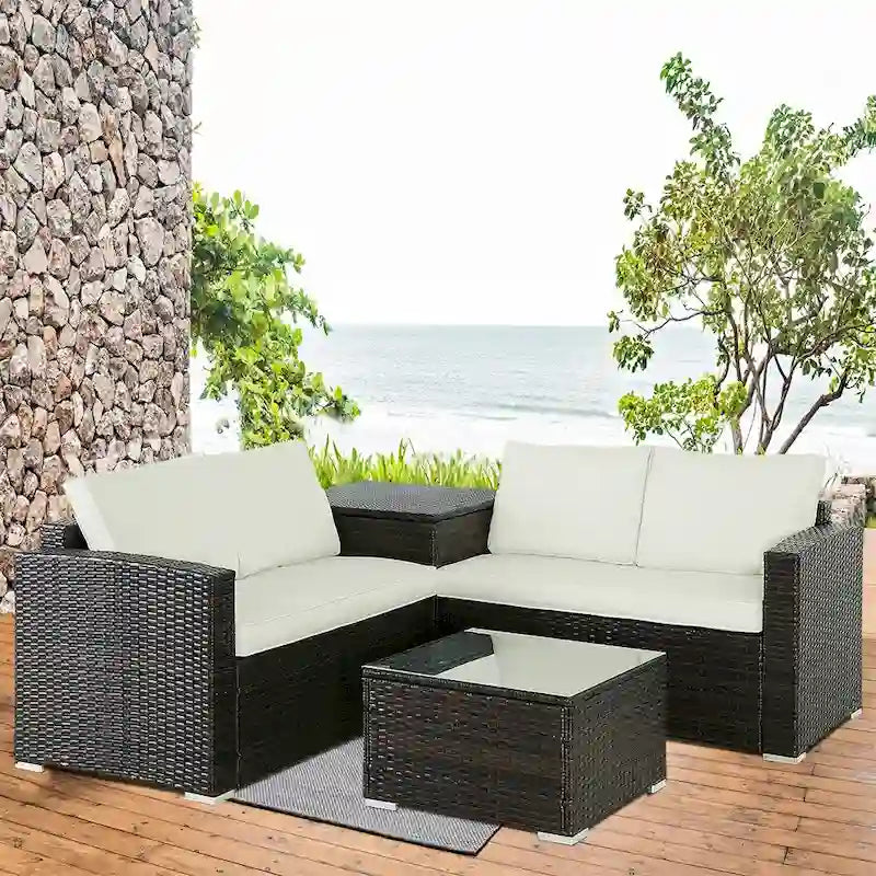 Ensemble de canapé d'extérieur 4 pièces en osier avec table basse et coffre de rangement