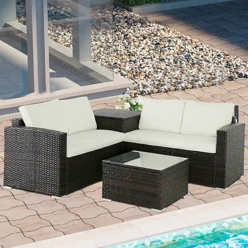 Ensemble de canapé d'extérieur 4 pièces en osier avec table basse et coffre de rangement