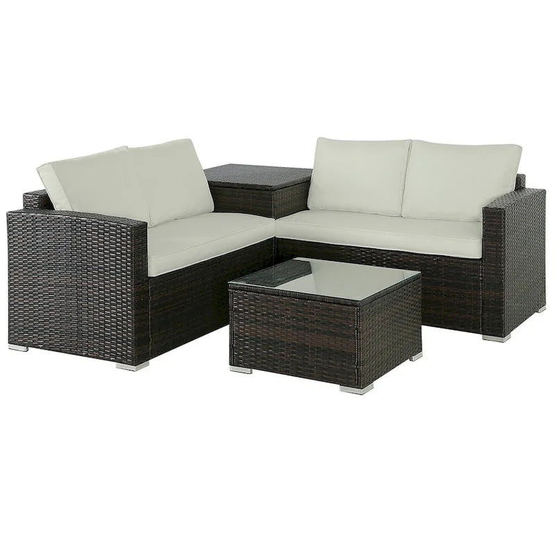 Ensemble de canapé d'extérieur 4 pièces en osier avec table basse et coffre de rangement