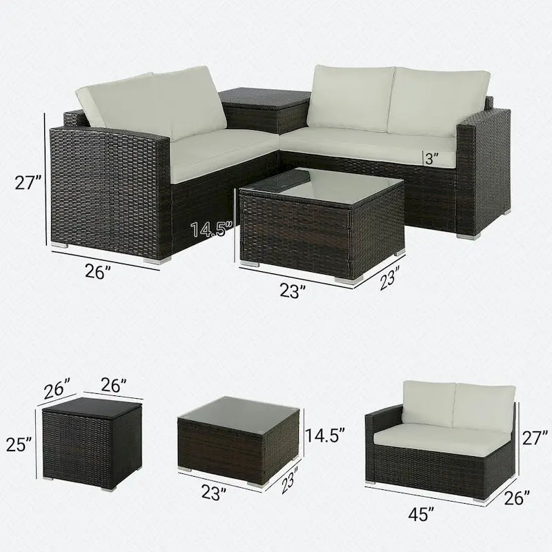 Ensemble de canapé d'extérieur 4 pièces en osier avec table basse et coffre de rangement