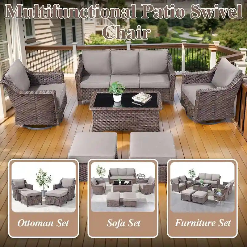Fauteuils berçants pivotants avec repose-pieds et table d'appoint - Marron