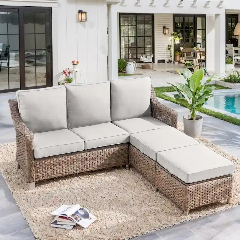 Canapé d'extérieur modulable avec ottoman - Marron