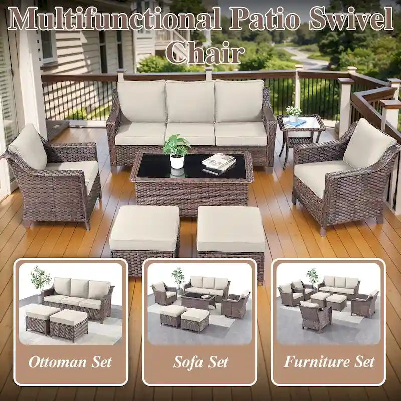 Canapé d'extérieur modulable avec ottoman - Marron