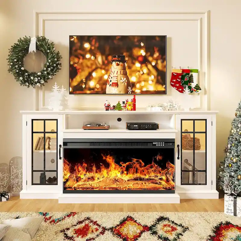 36 Inch 3-Sided Glass Fireplace TV Stand for TVs up to 80