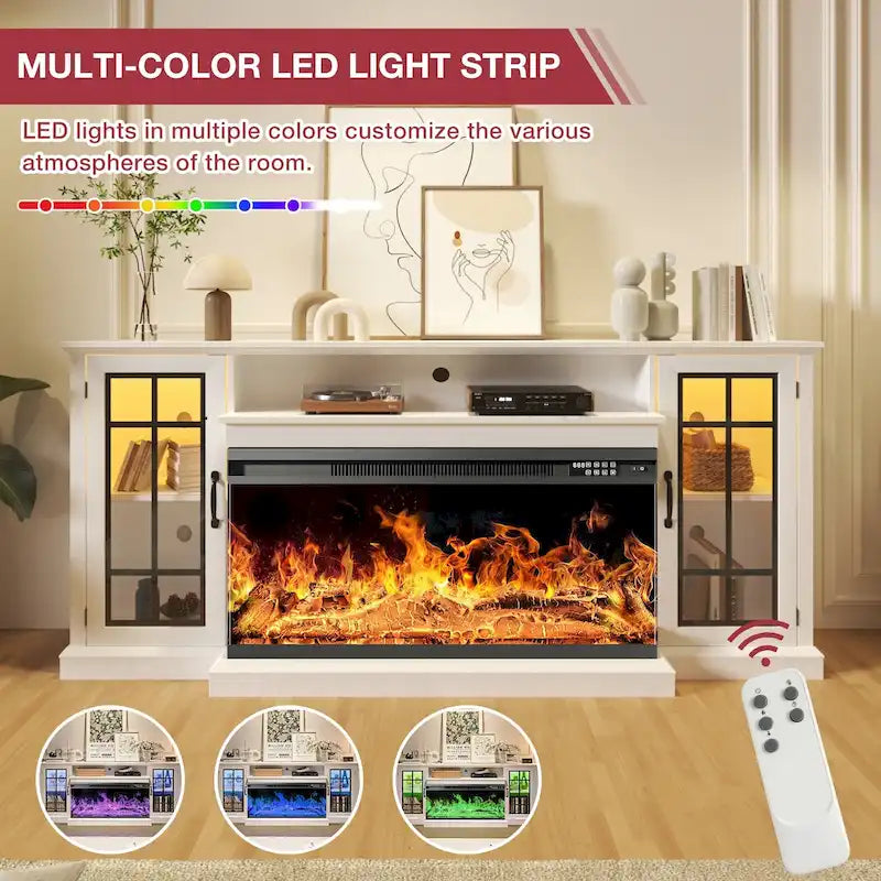 36 Inch 3-Sided Glass Fireplace TV Stand for TVs up to 80