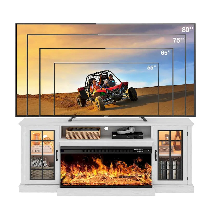 36 Inch 3-Sided Glass Fireplace TV Stand for TVs up to 80