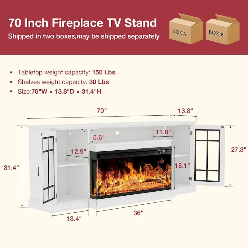 36 Inch 3-Sided Glass Fireplace TV Stand for TVs up to 80