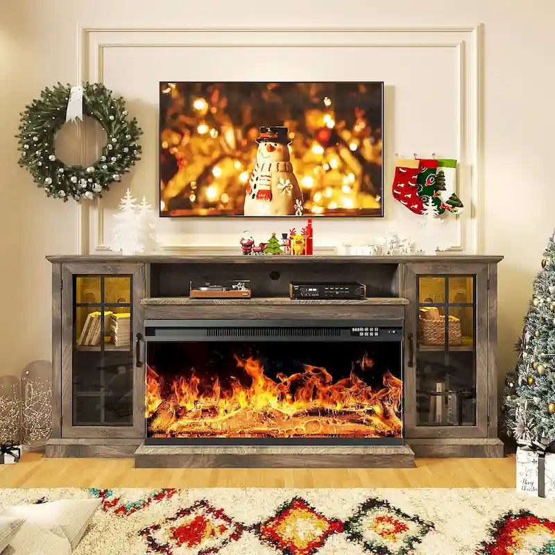 36 Inch 3-Sided Glass Fireplace TV Stand for TVs up to 80