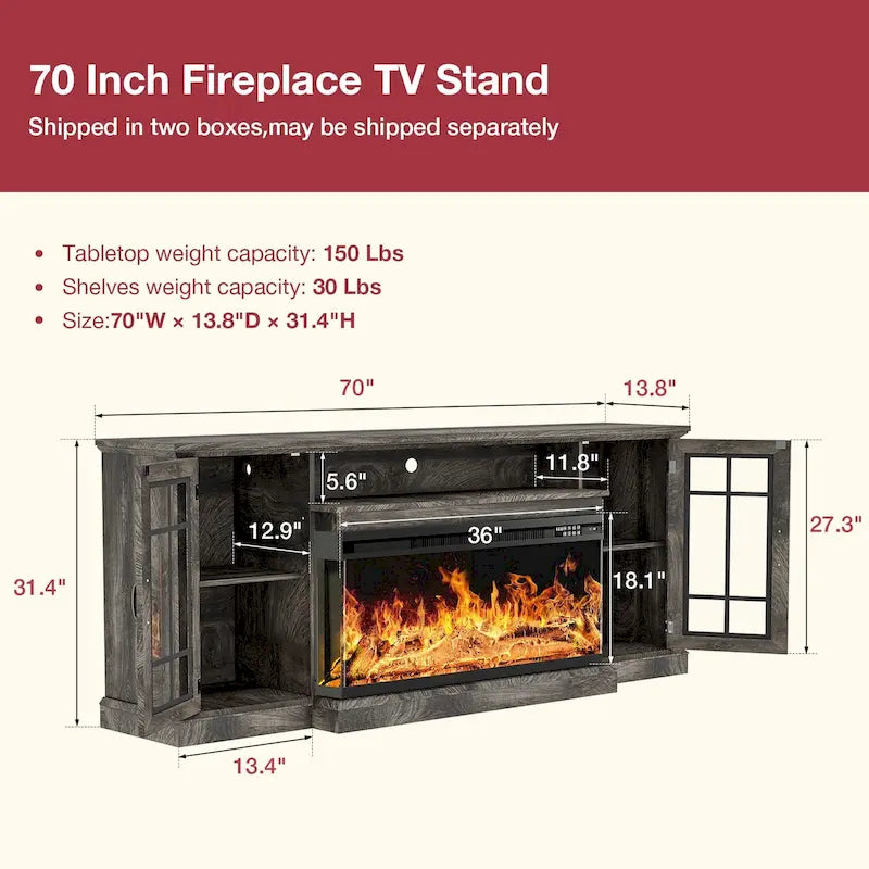 36 Inch 3-Sided Glass Fireplace TV Stand for TVs up to 80