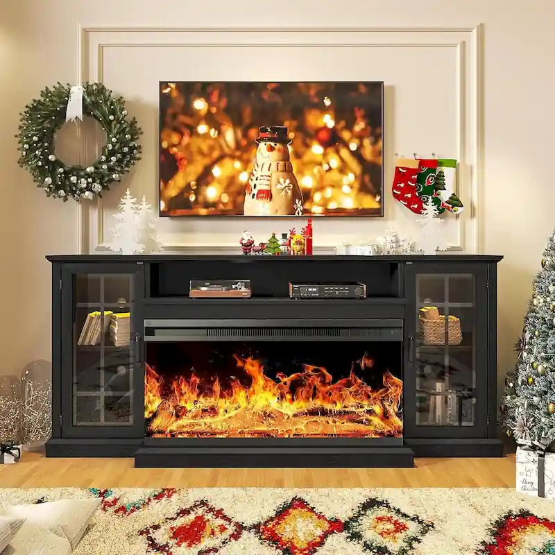 36 Inch 3-Sided Glass Fireplace TV Stand for TVs up to 80