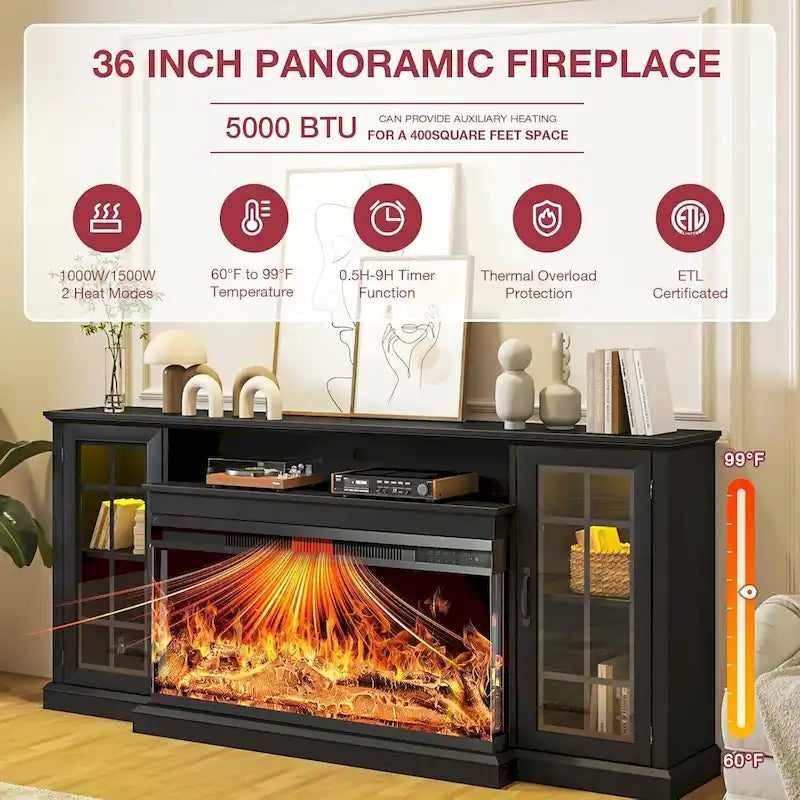 36 Inch 3-Sided Glass Fireplace TV Stand for TVs up to 80