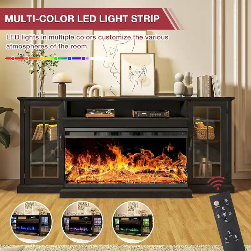 36 Inch 3-Sided Glass Fireplace TV Stand for TVs up to 80