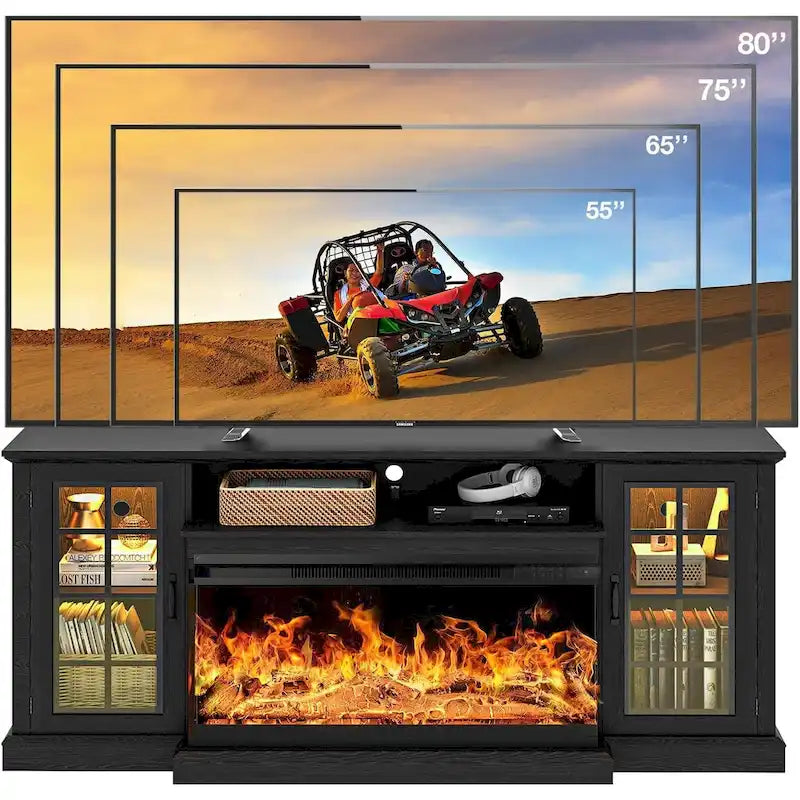 36 Inch 3-Sided Glass Fireplace TV Stand for TVs up to 80