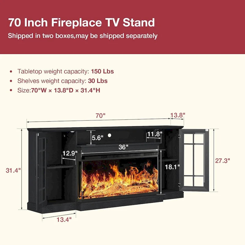 36 Inch 3-Sided Glass Fireplace TV Stand for TVs up to 80