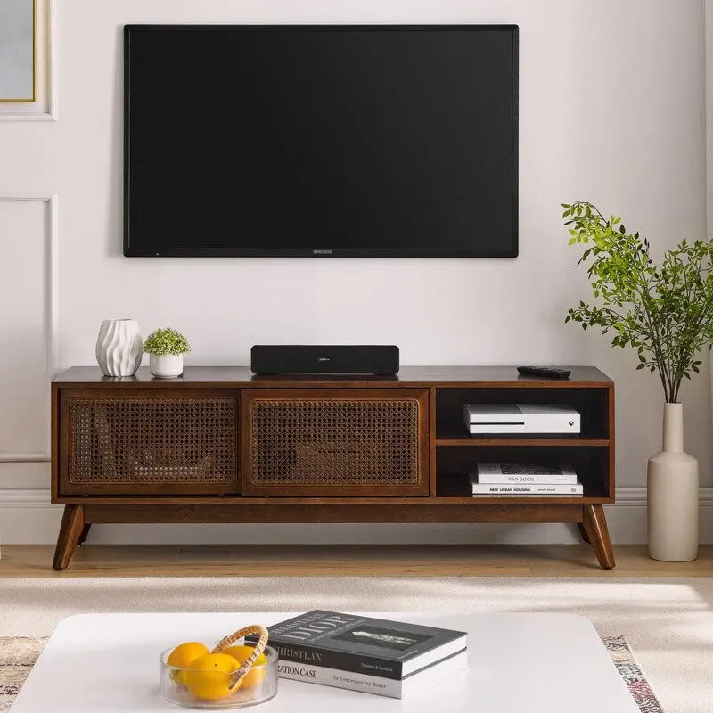 Meuble TV moderne en rotin pour téléviseur 65 pouces, meuble de divertissement, console multimédia