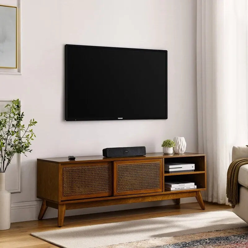 Meuble TV moderne en rotin pour téléviseur 65 pouces, meuble de divertissement, console multimédia