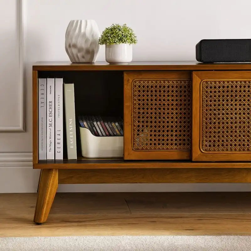 Meuble TV moderne en rotin pour téléviseur 65 pouces, meuble de divertissement, console multimédia