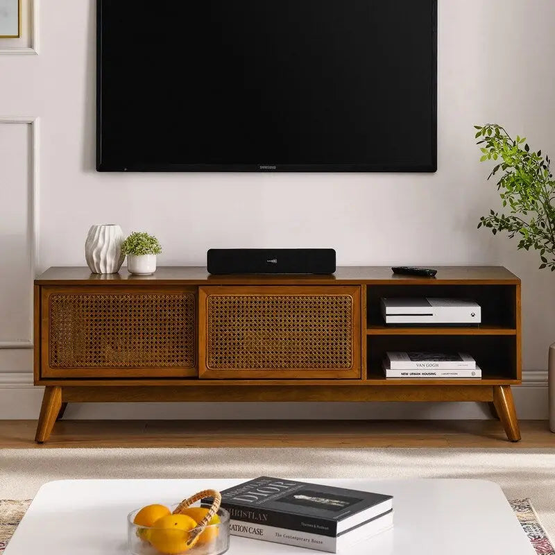 Meuble TV moderne en rotin pour téléviseur 65 pouces, meuble de divertissement, console multimédia