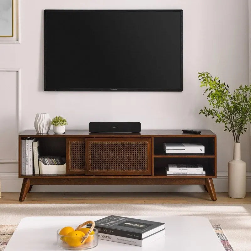 Meuble TV moderne en rotin pour téléviseur 65 pouces, meuble de divertissement, console multimédia