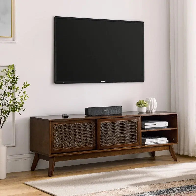 Meuble TV moderne en rotin pour téléviseur 65 pouces, meuble de divertissement, console multimédia