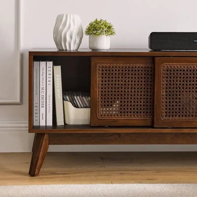 Meuble TV moderne en rotin pour téléviseur 65 pouces, meuble de divertissement, console multimédia