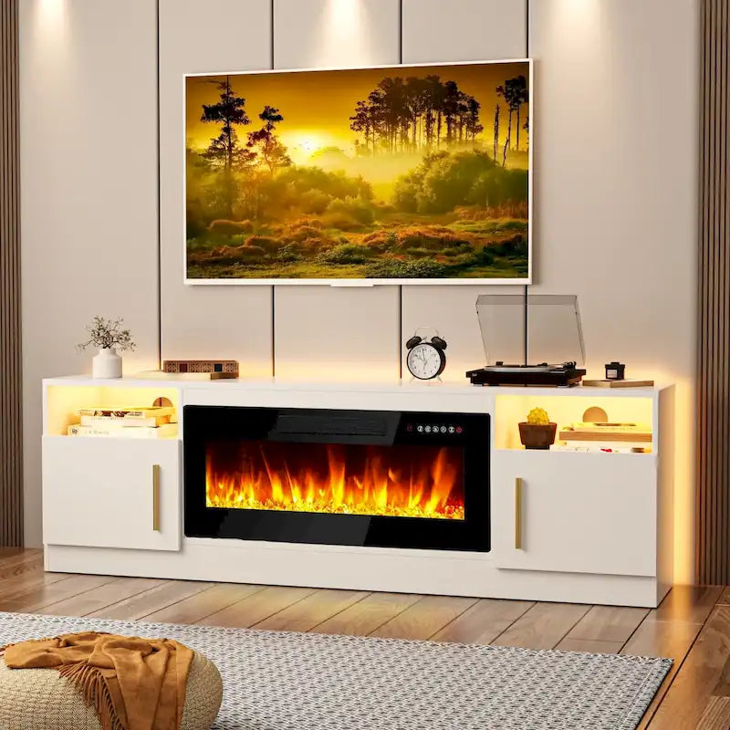 Meuble TV cheminée Bossin 70 avec cheminée électrique 36, meuble TV pour téléviseurs jusqu'à 80 pouces, lumières LED 16 couleurs/centre de divertissement